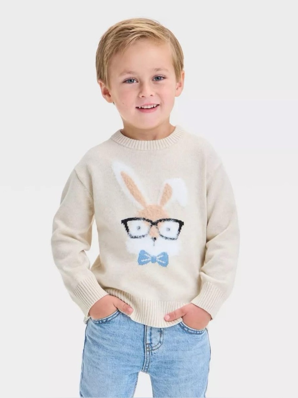 Cat & Jack Cream Sweater with Bunny, Black Glasses and Blue Bow